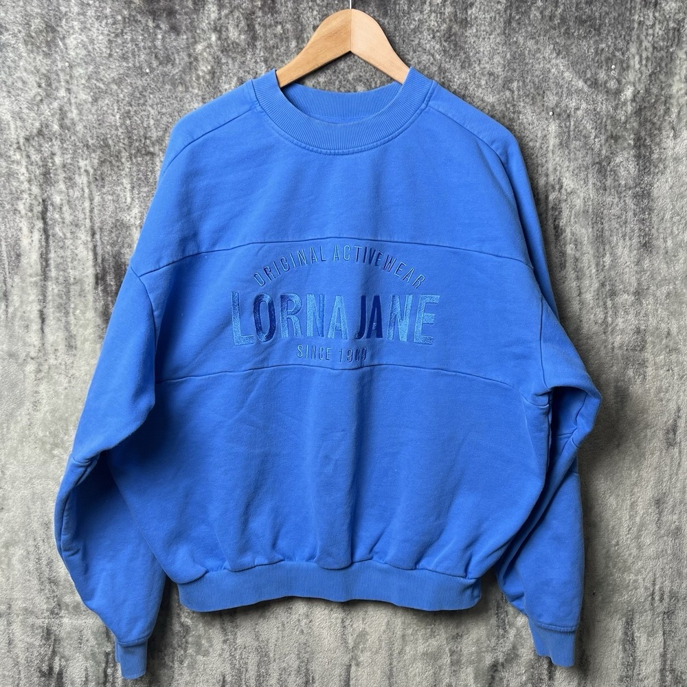 Lorna Jane Sweatshirt Women's Size Medium Splice Logo Embroidered Blue